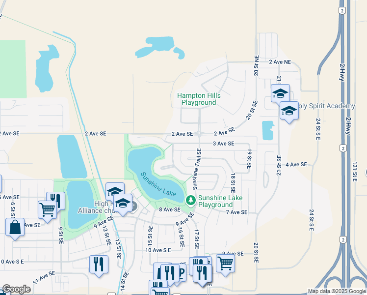 map of restaurants, bars, coffee shops, grocery stores, and more near 1609 Sunshine Place Southeast in High River