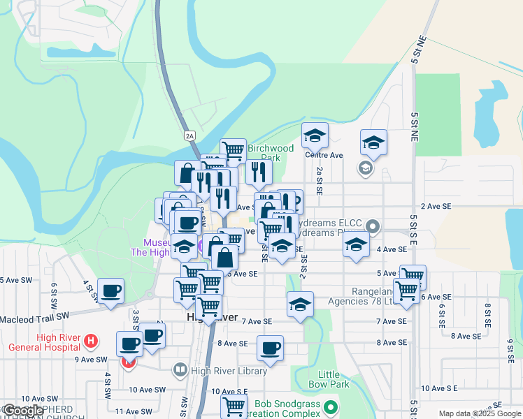 map of restaurants, bars, coffee shops, grocery stores, and more near 108 1 Street Southeast in High River