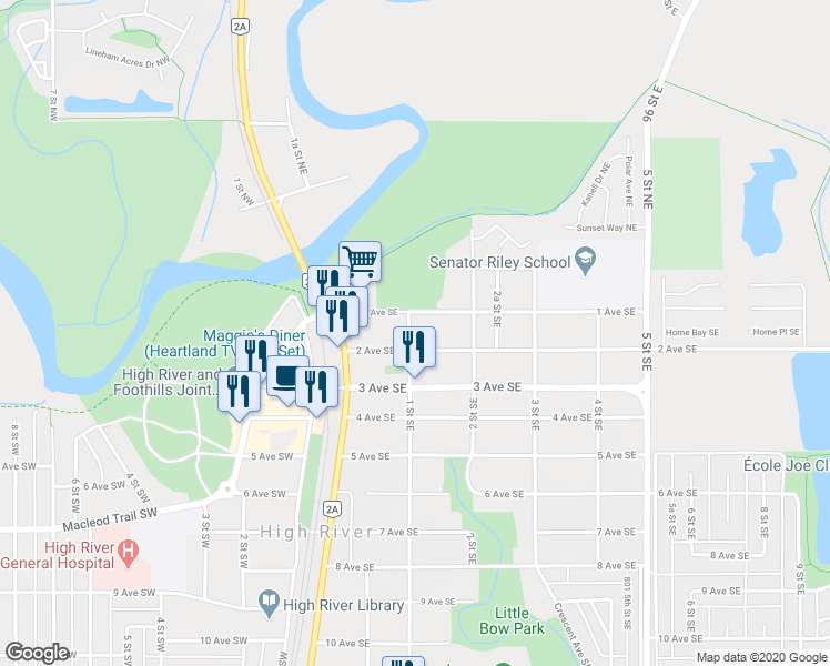 map of restaurants, bars, coffee shops, grocery stores, and more near 108 1 Street Southeast in High River