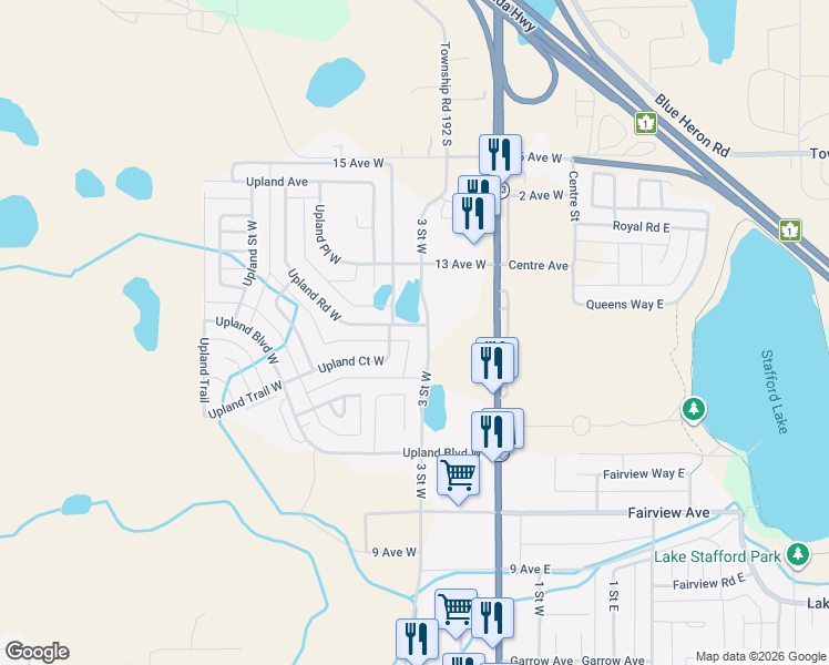 map of restaurants, bars, coffee shops, grocery stores, and more near 1235 3 Street West in Brooks