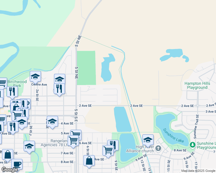 map of restaurants, bars, coffee shops, grocery stores, and more near 436 Homestead Trail Southeast in High River
