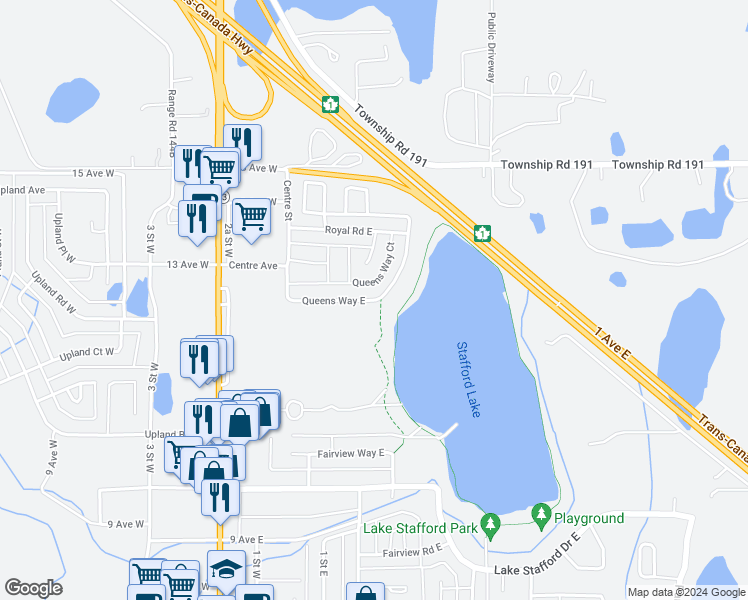 map of restaurants, bars, coffee shops, grocery stores, and more near 59 Queens Way East in Brooks