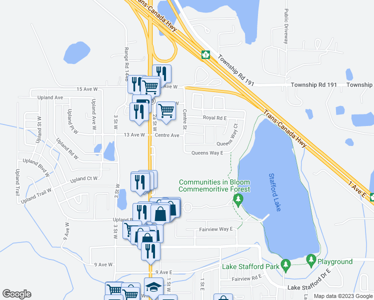map of restaurants, bars, coffee shops, grocery stores, and more near 1 Queens Way East in Brooks