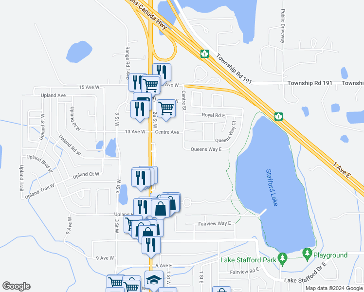 map of restaurants, bars, coffee shops, grocery stores, and more near 1 Queens Way East in Brooks