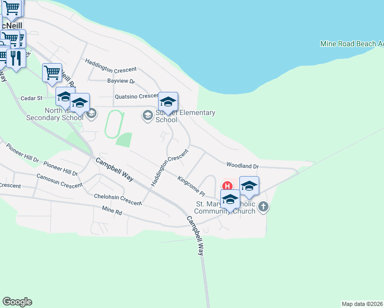 map of restaurants, bars, coffee shops, grocery stores, and more near 2546 Haddington Crescent in Port McNeill