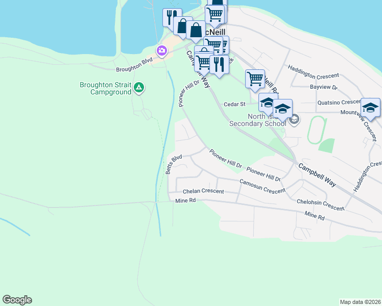 map of restaurants, bars, coffee shops, grocery stores, and more near 648 Betts Boulevard in Port McNeill