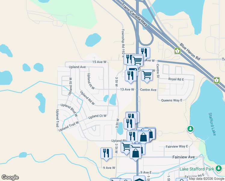 map of restaurants, bars, coffee shops, grocery stores, and more near 1235 3 Street West in Brooks