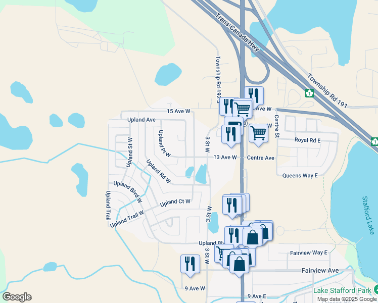 map of restaurants, bars, coffee shops, grocery stores, and more near 136 Upland Avenue West in Brooks