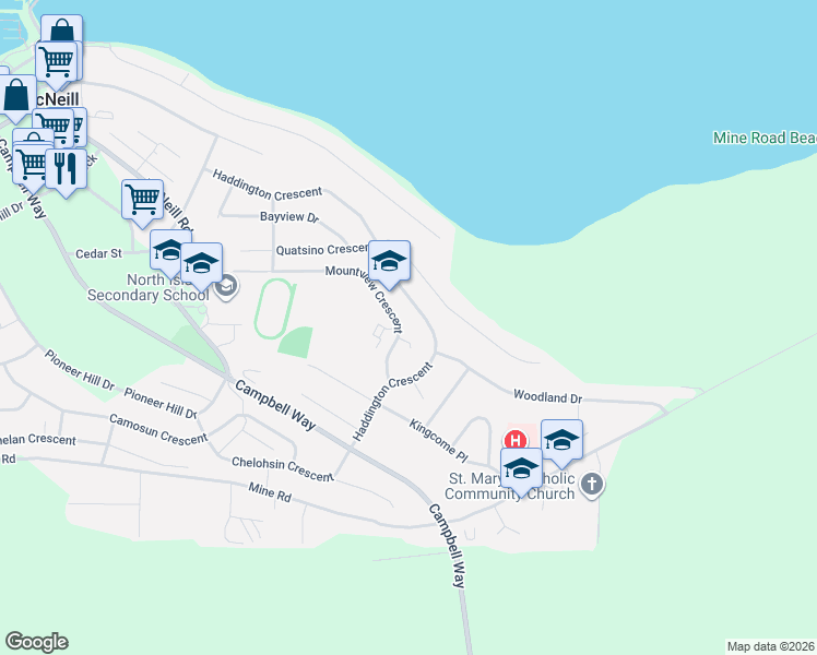 map of restaurants, bars, coffee shops, grocery stores, and more near 2472 Mountview Crescent in Port McNeill