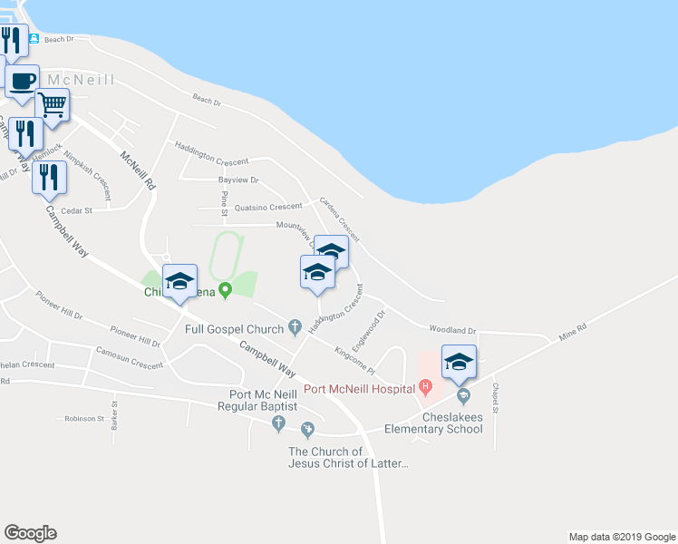 map of restaurants, bars, coffee shops, grocery stores, and more near 2472 Mountview Crescent in Port McNeill