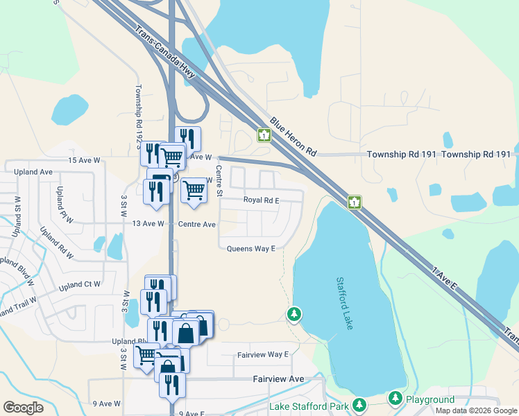 map of restaurants, bars, coffee shops, grocery stores, and more near 71 Royal Road East in Brooks
