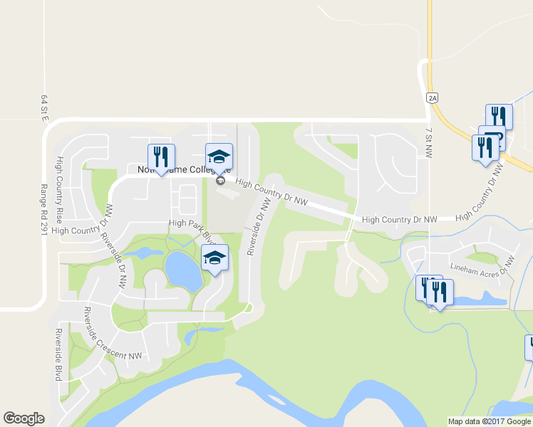 map of restaurants, bars, coffee shops, grocery stores, and more near 828 Riverside Drive Northwest in High River