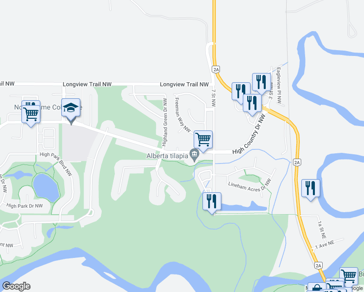 map of restaurants, bars, coffee shops, grocery stores, and more near 904 High Country Place Northwest in High River