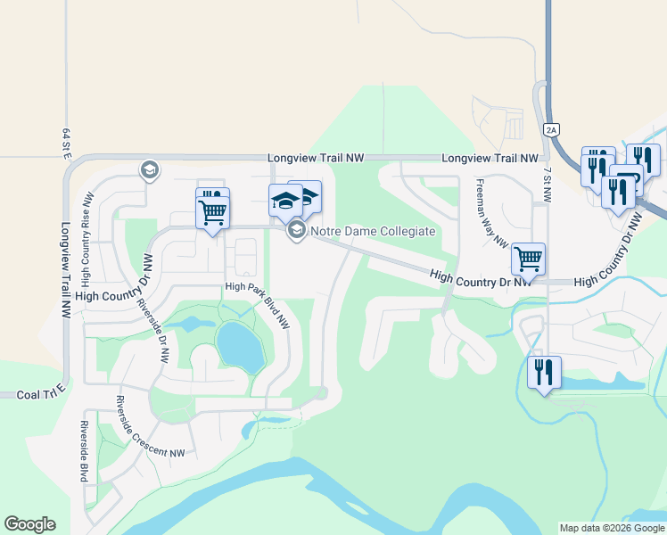 map of restaurants, bars, coffee shops, grocery stores, and more near 828 Riverside Drive Northwest in High River