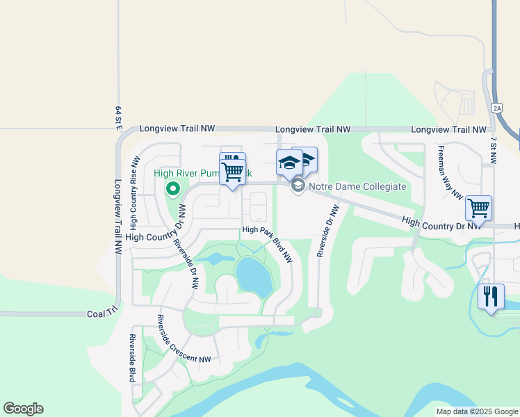 map of restaurants, bars, coffee shops, grocery stores, and more near 1206 Prairie Sound Drive Northwest in High River