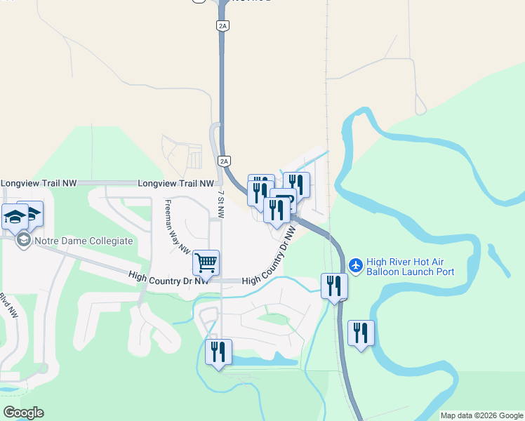 map of restaurants, bars, coffee shops, grocery stores, and more near 520 Centre Street North in High River