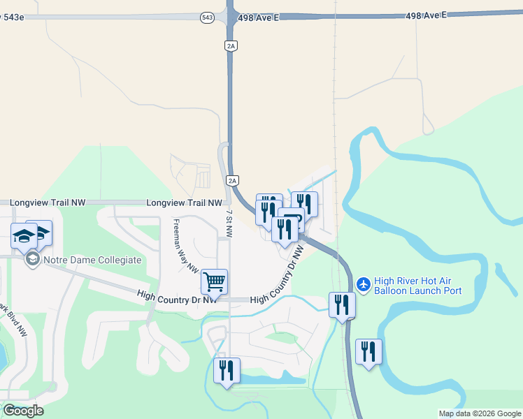 map of restaurants, bars, coffee shops, grocery stores, and more near 518-520 Centre Street North in High River