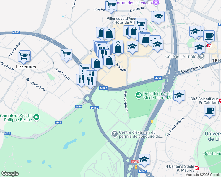 map of restaurants, bars, coffee shops, grocery stores, and more near Boulevard de Tournai in Lezennes