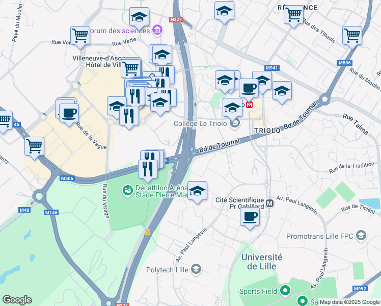 map of restaurants, bars, coffee shops, grocery stores, and more near Boulevard de Tournai in Lezennes