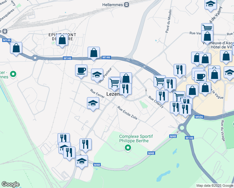 map of restaurants, bars, coffee shops, grocery stores, and more near in Lezennes