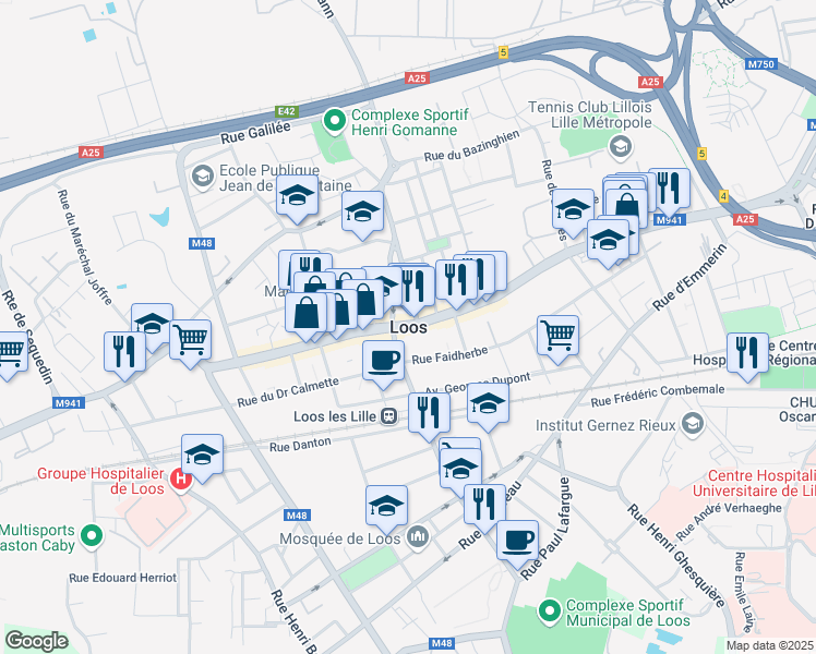 map of restaurants, bars, coffee shops, grocery stores, and more near in Loos