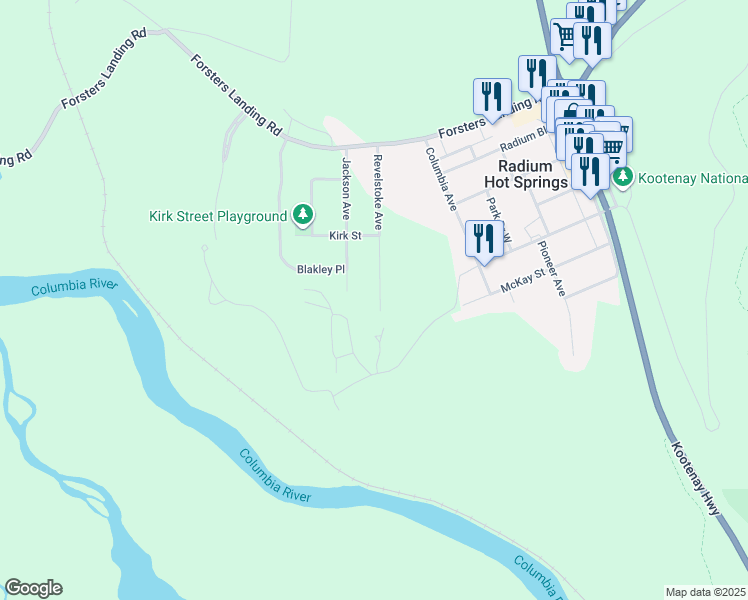 map of restaurants, bars, coffee shops, grocery stores, and more near 7553 Revelstoke Avenue in Radium Hot Springs