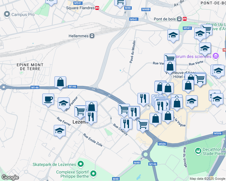 map of restaurants, bars, coffee shops, grocery stores, and more near 1 Rue de l'Espoir in Lezennes