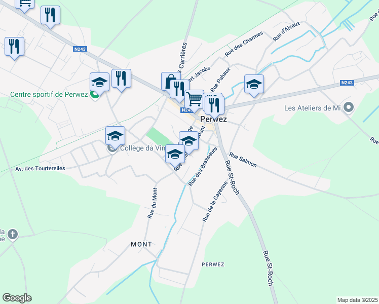 map of restaurants, bars, coffee shops, grocery stores, and more near 33 Rue Emile de Brabant in Perwez