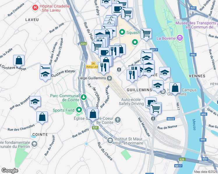 map of restaurants, bars, coffee shops, grocery stores, and more near 71 Rue Mandeville in Liège