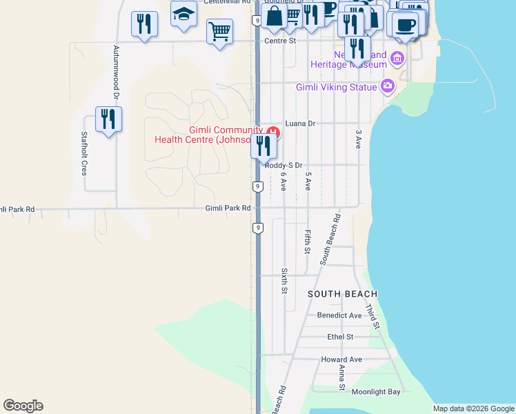 map of restaurants, bars, coffee shops, grocery stores, and more near 109113 Provincial Trunk Highway 9 in Gimli