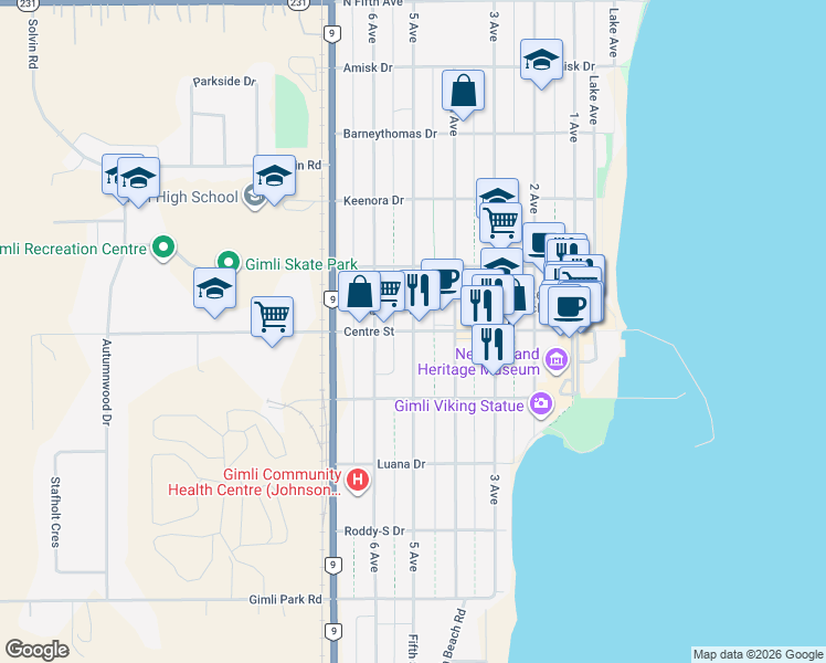 map of restaurants, bars, coffee shops, grocery stores, and more near 5 Avenue in Gimli