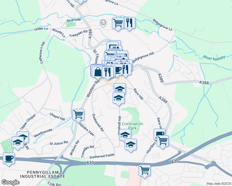 map of restaurants, bars, coffee shops, grocery stores, and more near Windmill Hill in Cornwall