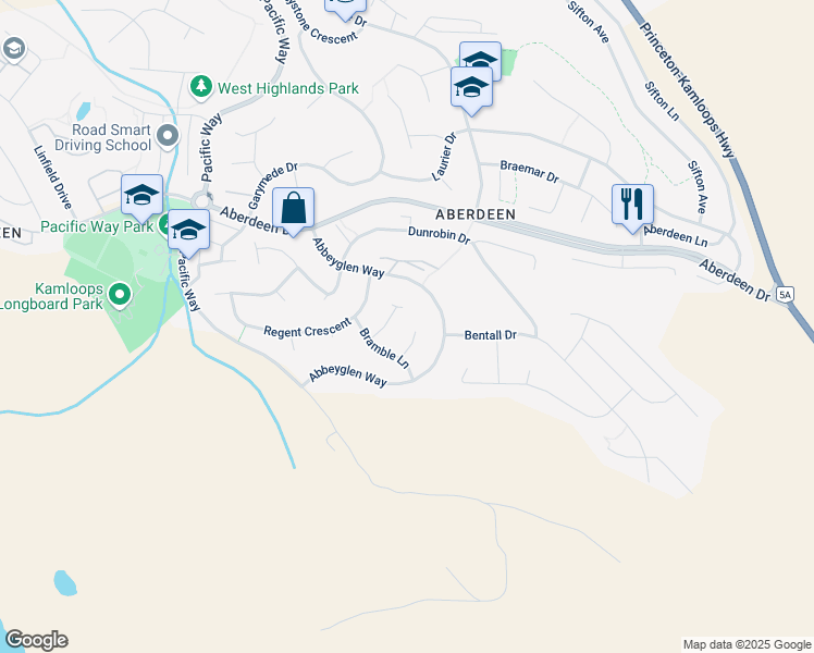 map of restaurants, bars, coffee shops, grocery stores, and more near 727 Bramble Court in Kamloops