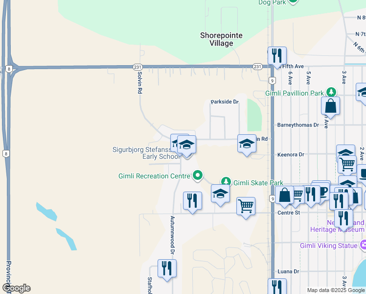 map of restaurants, bars, coffee shops, grocery stores, and more near 3 Autumnwood Drive in Gimli