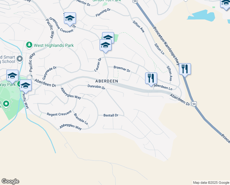 map of restaurants, bars, coffee shops, grocery stores, and more near 2310 Dunrobin Place in Kamloops