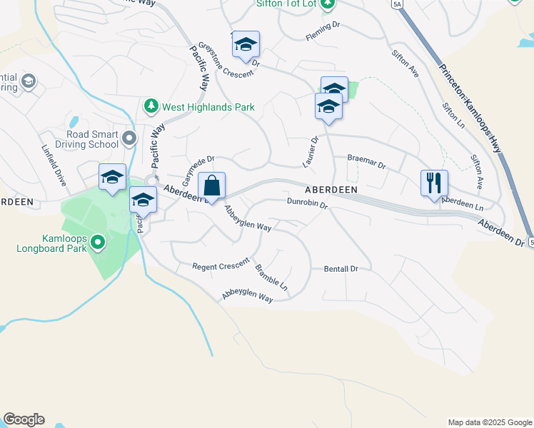 map of restaurants, bars, coffee shops, grocery stores, and more near 2365 Abbeyglen Way in Kamloops