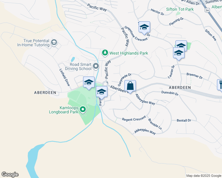 map of restaurants, bars, coffee shops, grocery stores, and more near 1055 Aberdeen Drive in Kamloops