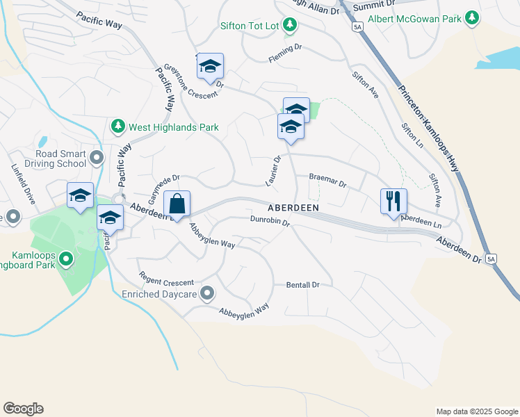 map of restaurants, bars, coffee shops, grocery stores, and more near 738 Dunrobin Drive in Kamloops