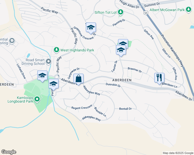 map of restaurants, bars, coffee shops, grocery stores, and more near Aberdeen Drive in Kamloops