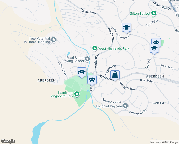 map of restaurants, bars, coffee shops, grocery stores, and more near Aberdeen Drive in Kamloops