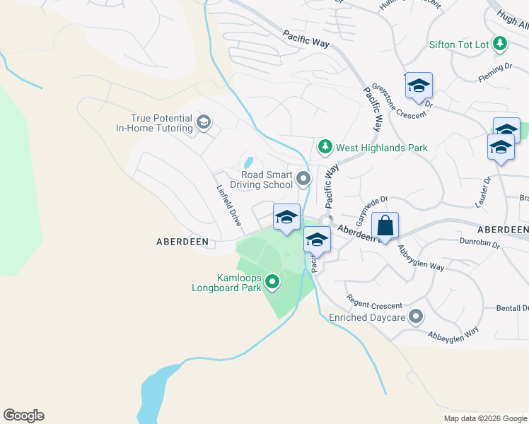 map of restaurants, bars, coffee shops, grocery stores, and more near 1250 Aberdeen Drive in Kamloops