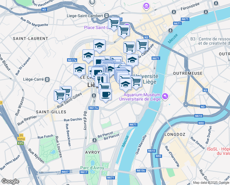 map of restaurants, bars, coffee shops, grocery stores, and more near 17 Rue Bonne Fortune in Liège