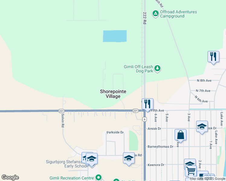 map of restaurants, bars, coffee shops, grocery stores, and more near Shore Point Village in Gimli