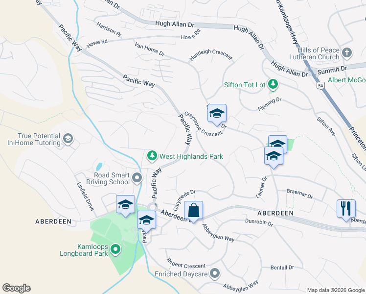 map of restaurants, bars, coffee shops, grocery stores, and more near 2160 Pacific Way in Kamloops
