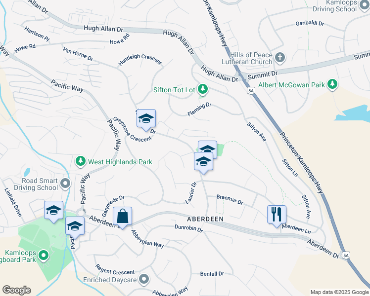 map of restaurants, bars, coffee shops, grocery stores, and more near 846 Greybriar Court in Kamloops