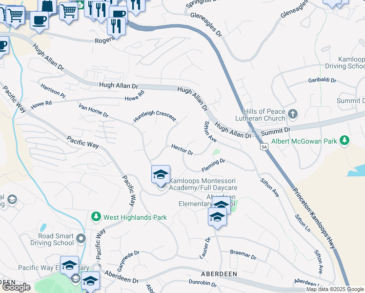 map of restaurants, bars, coffee shops, grocery stores, and more near 909 Fleming Circle in Kamloops