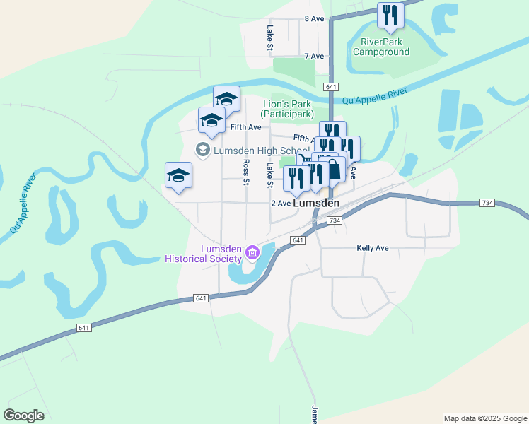 map of restaurants, bars, coffee shops, grocery stores, and more near 130 Lake Street in Lumsden