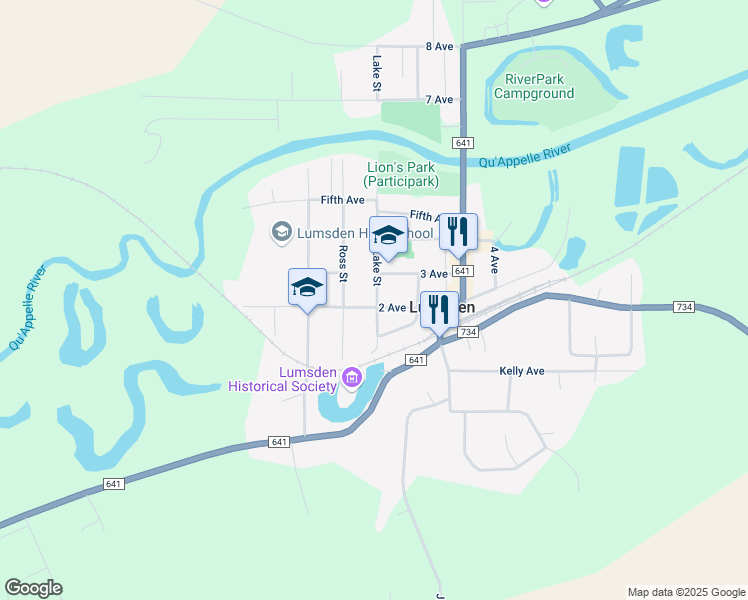 map of restaurants, bars, coffee shops, grocery stores, and more near 130 Lake Street in Lumsden