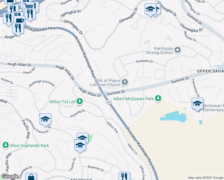 map of restaurants, bars, coffee shops, grocery stores, and more near 2084 Robson Place in Kamloops