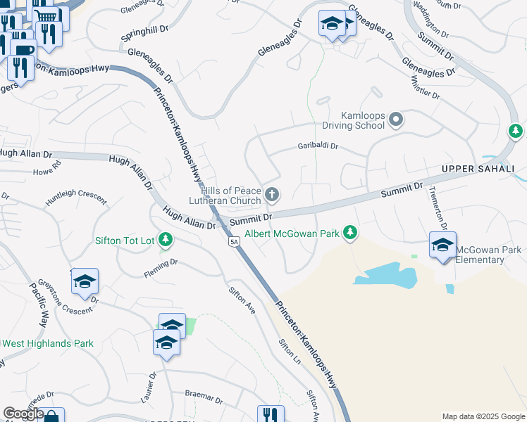 map of restaurants, bars, coffee shops, grocery stores, and more near 690 Robson Drive in Kamloops